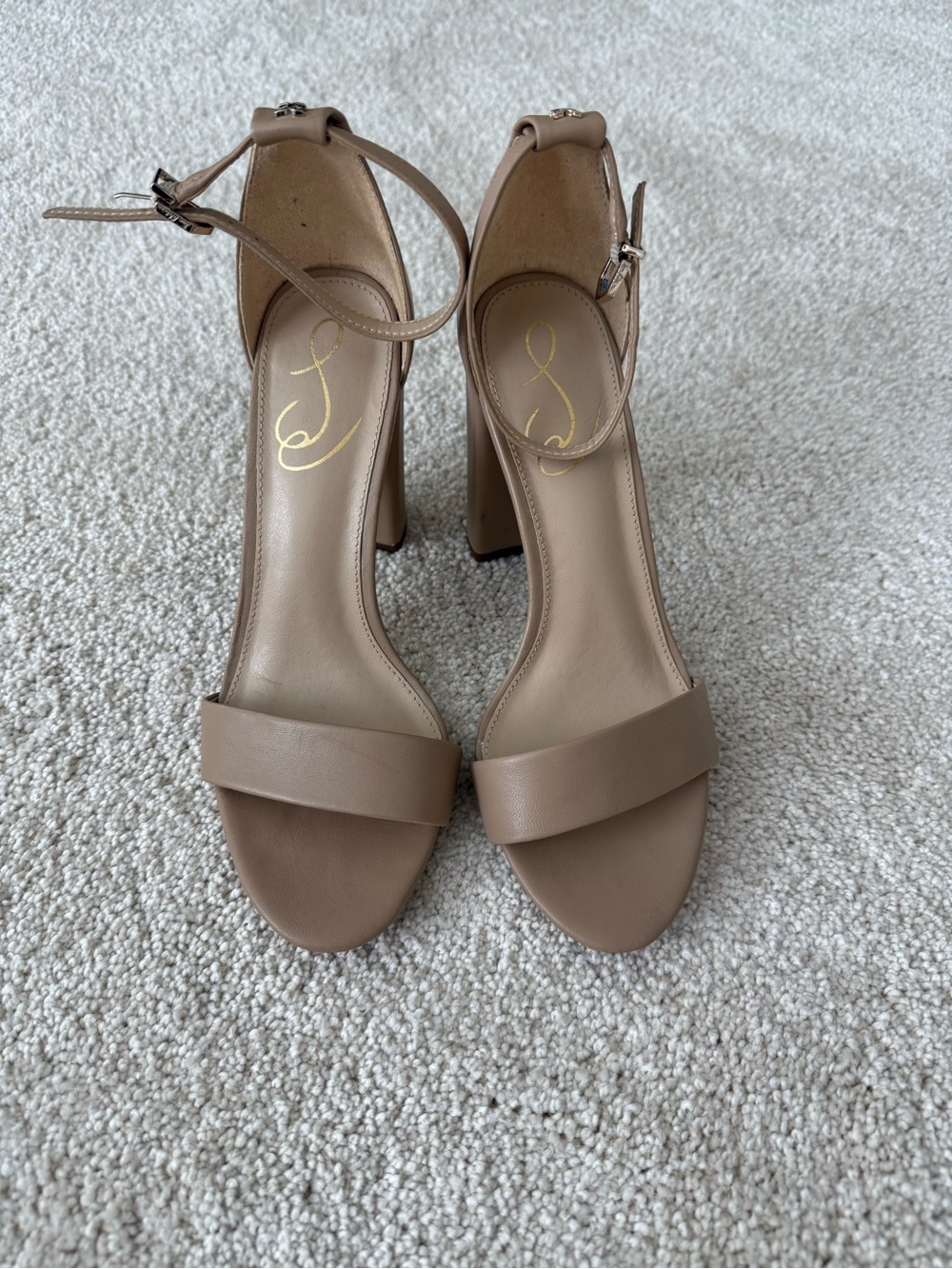 Sam Edelman Taupe Ankle-Strap Block Heel Sandals